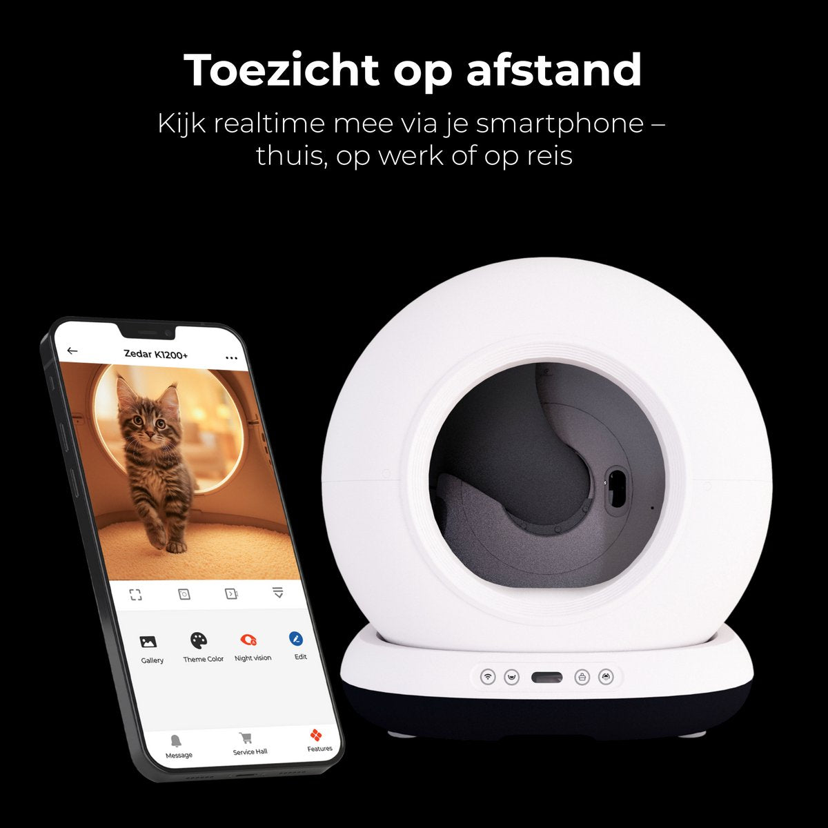 Automatische Kattenbak Met Camera - Zelfreinigende Kattenbak - Inclusief App - Met kattenbakmat en 3 rollen opvangzakjes - 82L XXL- Zedar K1200+